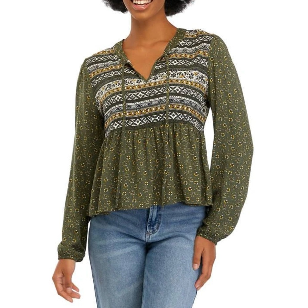 True Craft Floral Printed Peasant Long Sleeve Top